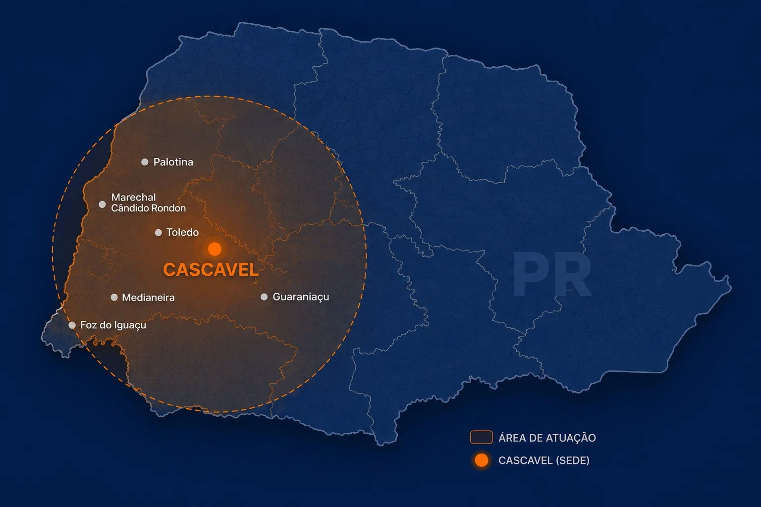 Mapa do Paraná com área de atuação da Muna Engenharia em Cascavel e Oeste do Paraná